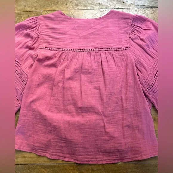 LUCKY BRAND Raspberry Pink Puff Sleeve Blouse with Tassel Tie in the Front Boho - Picture 6 of 12